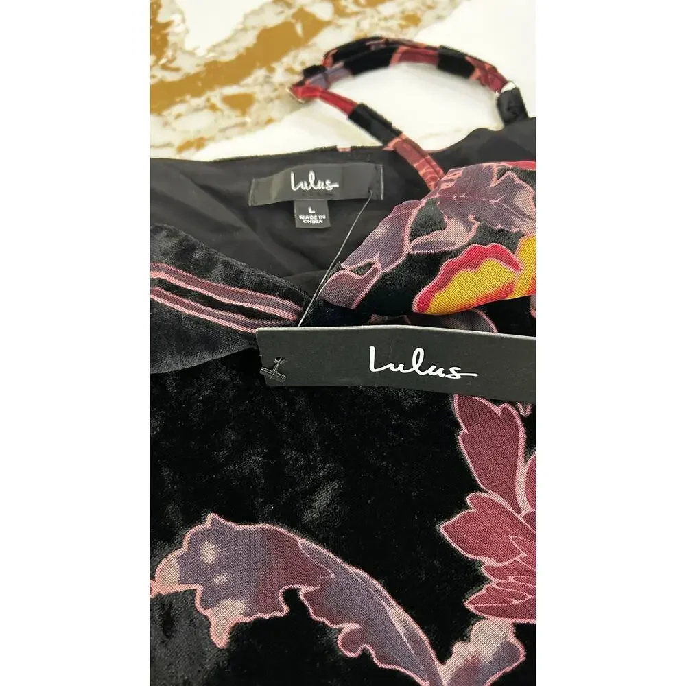 Lulus Velvet Burnout Floral Maxi Dress Womens Large Black Romantic Slip Wedding - Picture 9 of 10